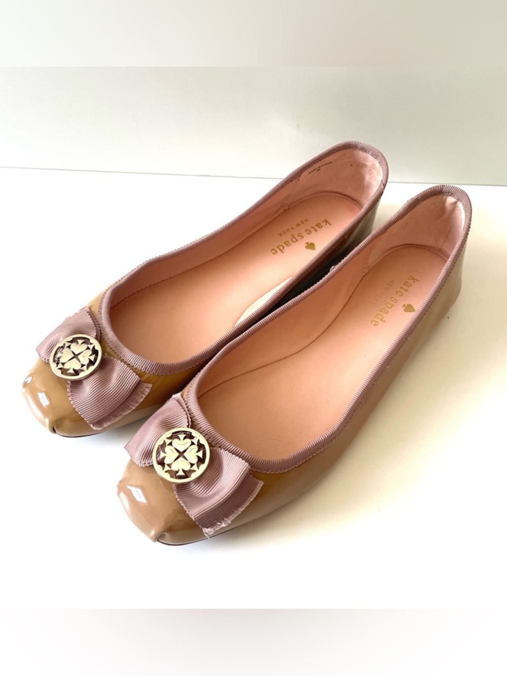 Kate Spade Fontana Bow Patent Leather Ballerina Flats Tusk Tan Nude Square Toe 7